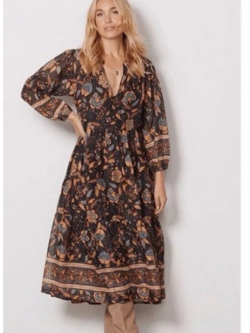 Sundry Black Maxi Dress with Tan and Blue Floral Print
